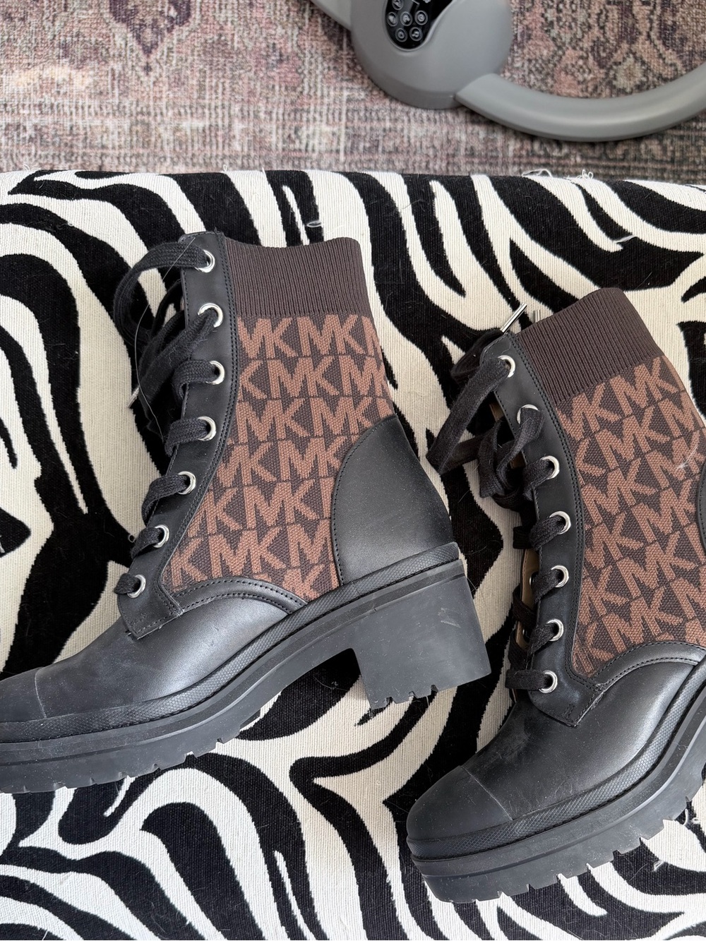 Michael Kors Black & Brown MK Logo Lace-Up Combat Boots